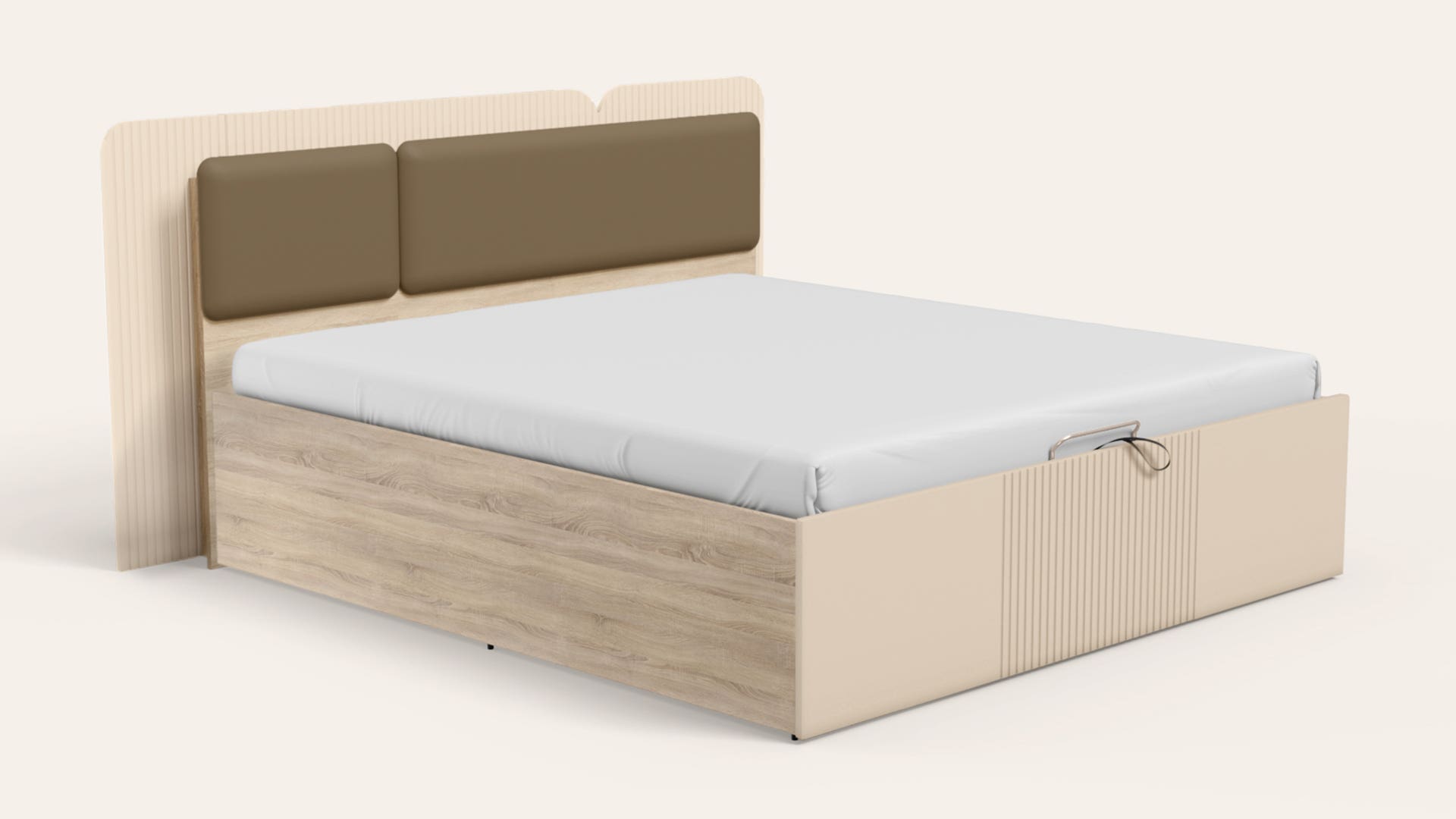Elemy Queen Size Wooden Bed with Upholstered LED Headboard and Eco-Lift Up Hydraulic Storage