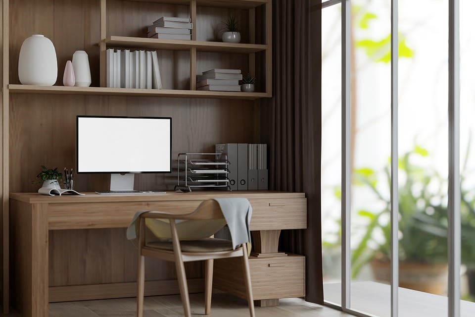  Contemporary study table with built-in shelving and storage. 