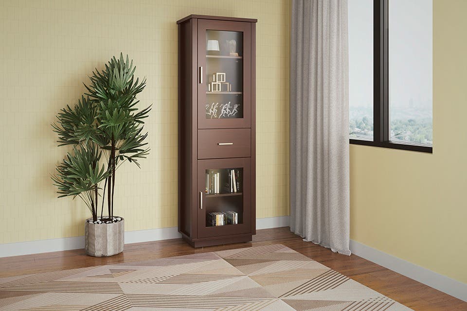 Contemporary bookshelf with glass doors displaying books and decorative accessories.