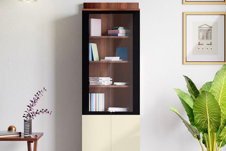 Sturdy contemporary bookshelf displaying books, storage boxes and decorative accessories.
