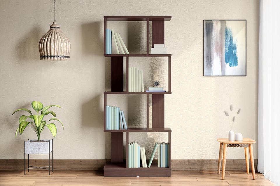 Sleek geometric bookshelf placed in a modern home.