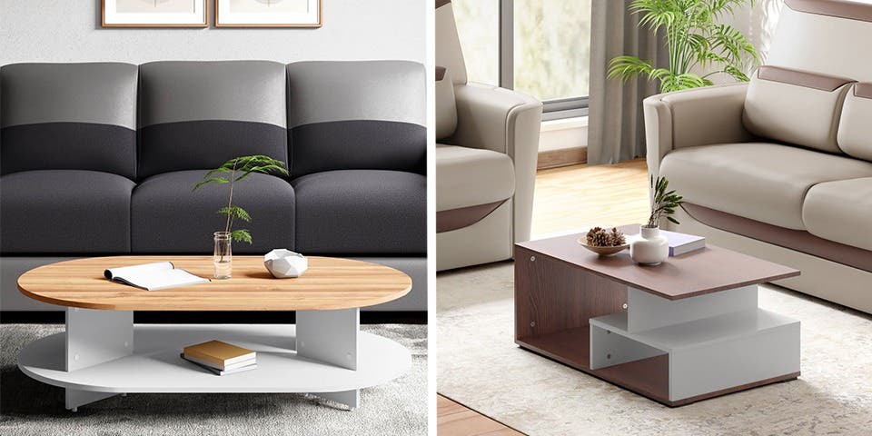 An oval and rectangular coffee table each in different contemporary living rooms.