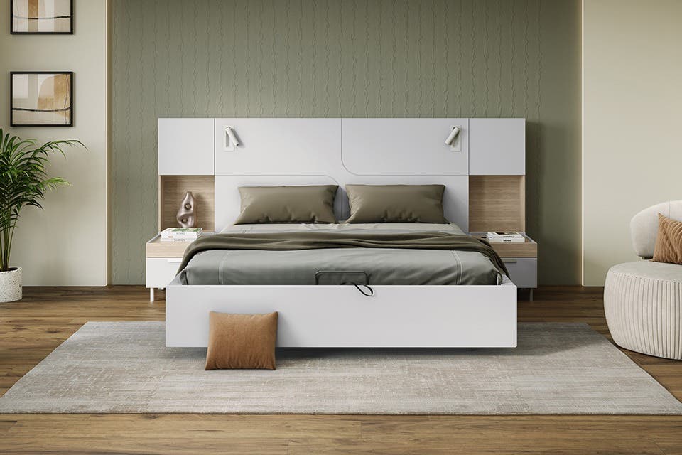 A modern wooden bedroom furniture set including a bed, dressers, and wardrobe.