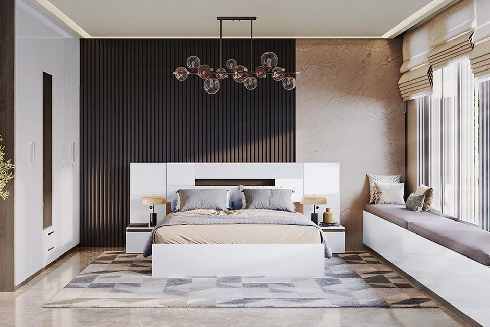 A white contemporary bedroom set with a wardrobe set in a luxurious bedroom.