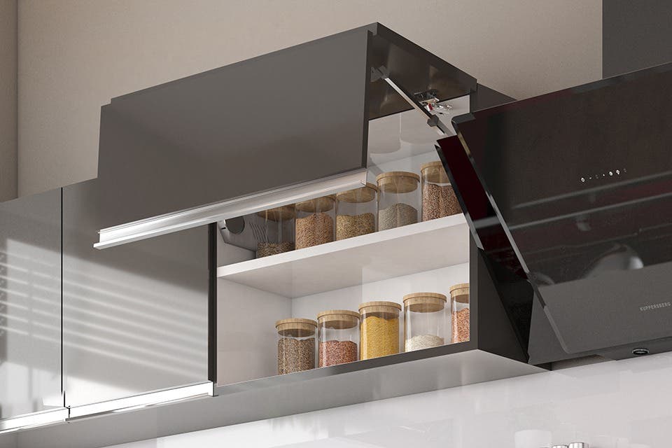 Modern home featuring tall modular storage units and floating shelves.