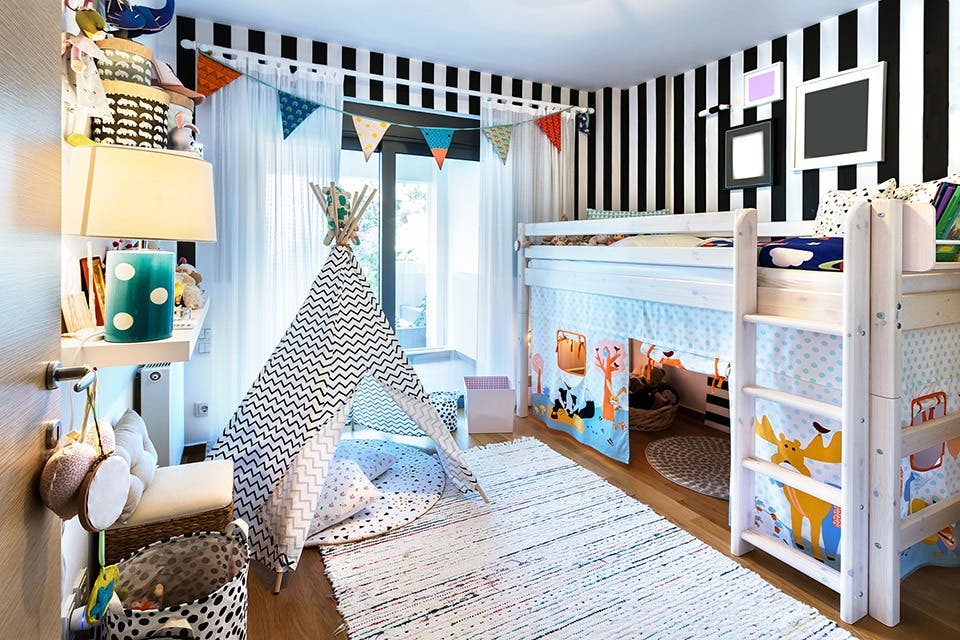Modern bed in a stylish kids’ bedroom.