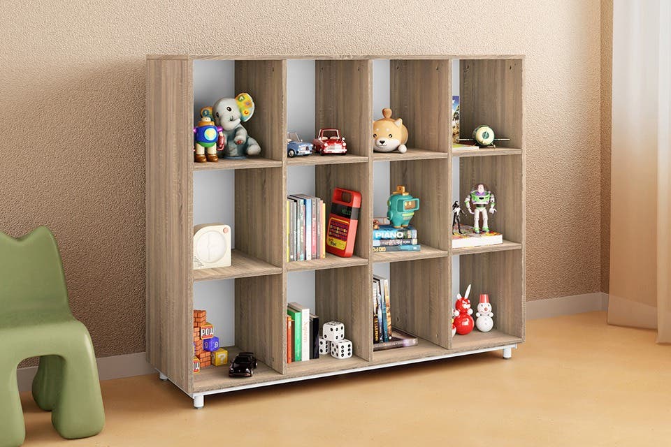 Modern open storage for a kids’ bedroom with multiple storage shelves.
