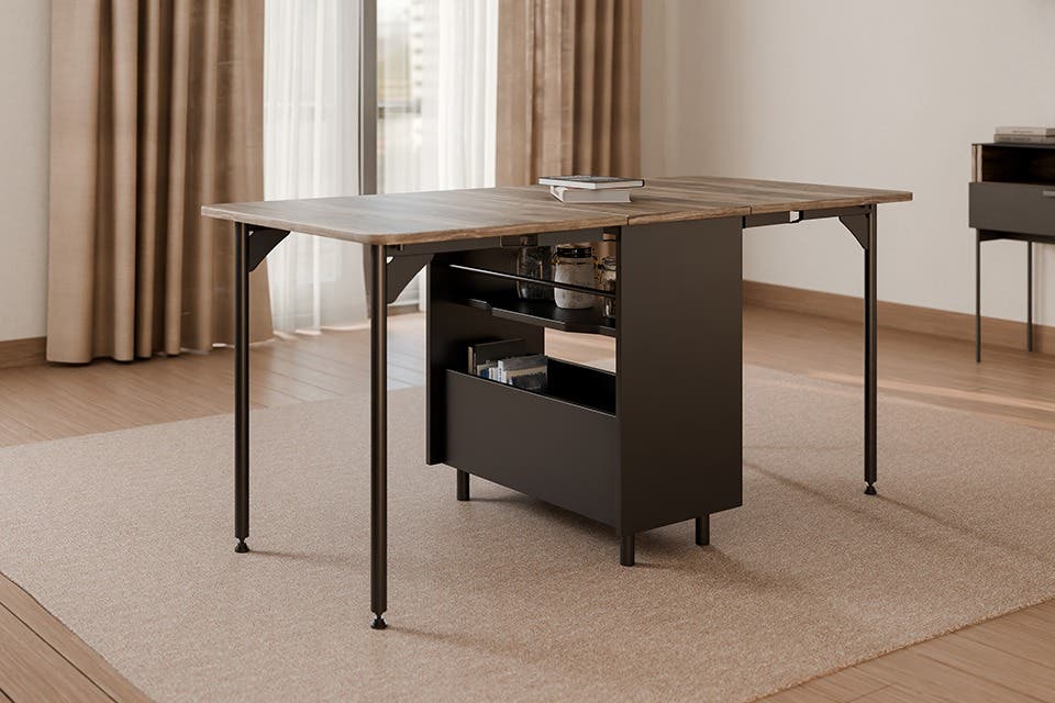 A wooden foldable dining table for two, with two chairs.