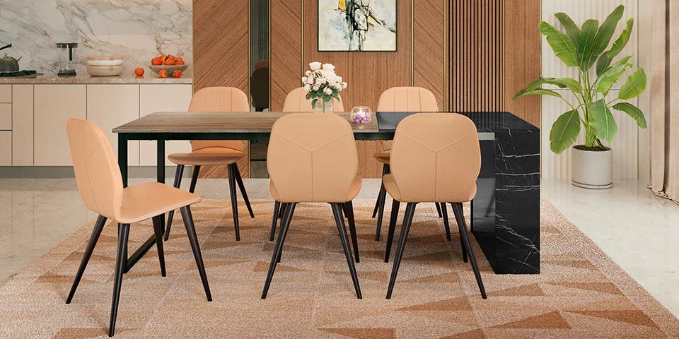 Wooden foldable dining table styled in a contemporary dining room.