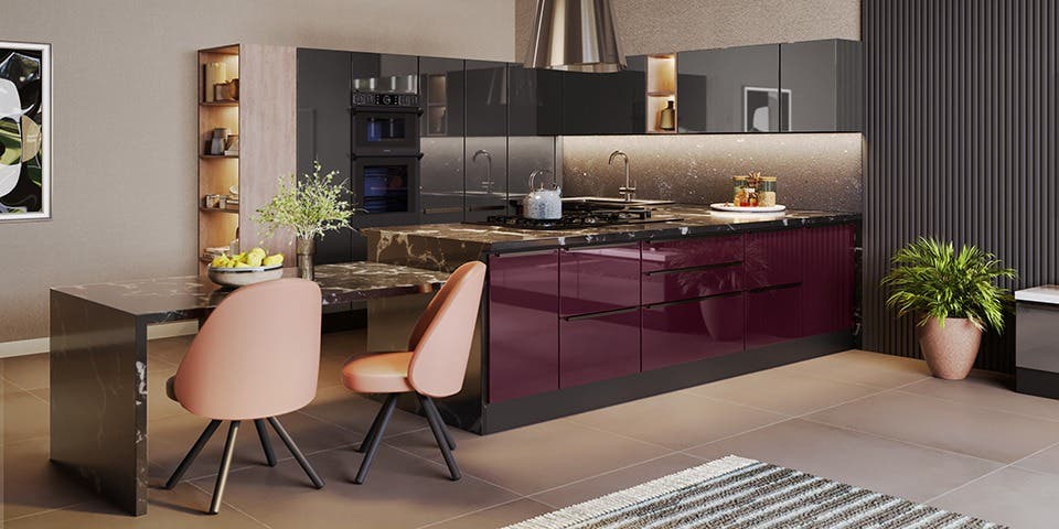 Contemporary modular kitchen featuring a multifunctional island with integrated dining, smart storage, built-in appliances and ambient lighting.