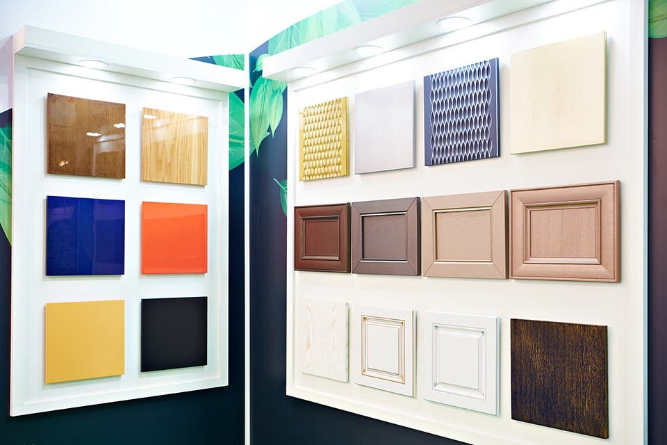 Samples of modular kitchen cabinetry finishes.