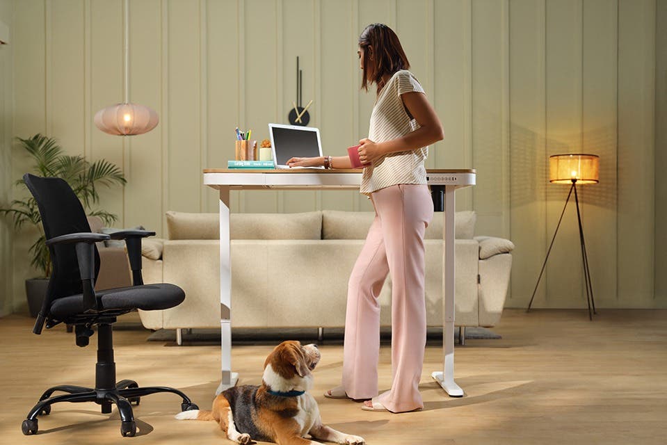 Person using a height-adjustable ergonomic study chair and standing desk from Interio in a modern home workspace. 