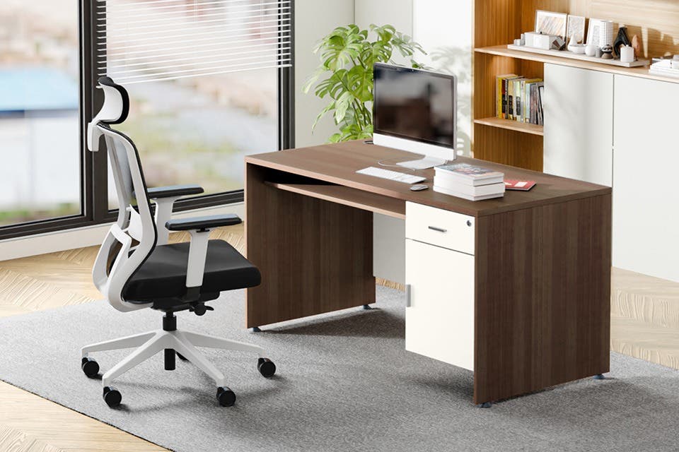 Mockup of a compact study desk with built-in storage shelf in a small home workspace.