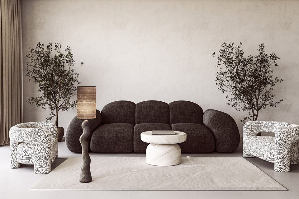 Stone and marble decorative accessories styled in a contemporary Japandi home.