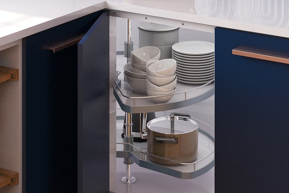 Narrow pull-out pantry in a modular kitchen.