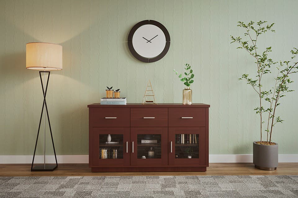Modern wooden sideboard with storage in a contemporary living room.