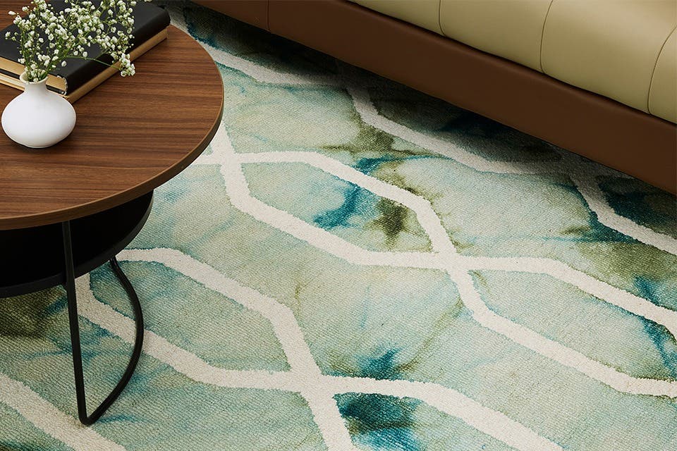 Contemporary patterned rug in a modern family living room.