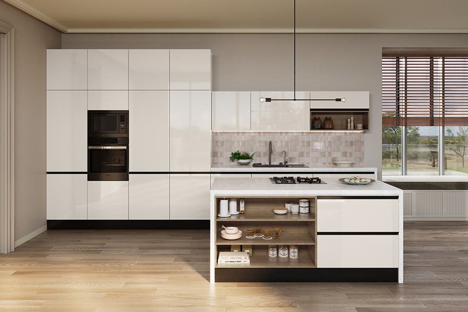 Island kitchen in a spacious setting.