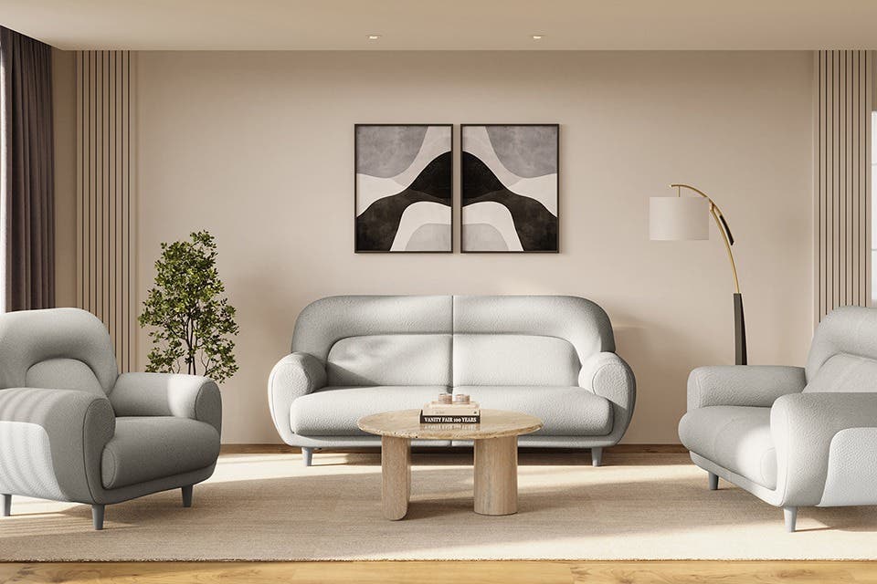 Contemporary minimalist living room with clean-lined furniture, neutral colours and minimal décor.