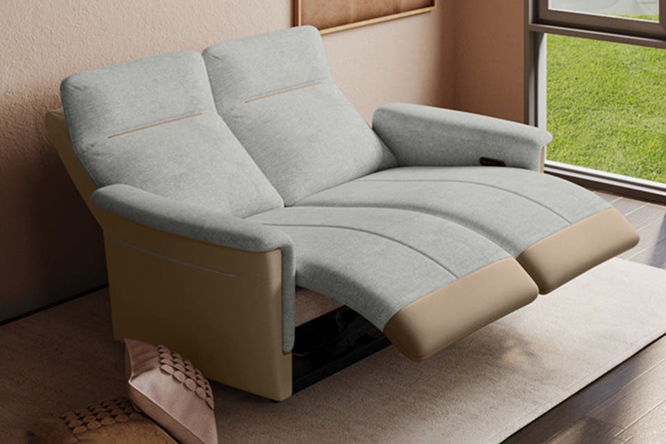 Side view of the TuneIn two-seater recliner showing its reclining mechanism.