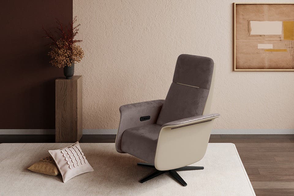 The TuneIn motorised single recliner chair by Interio in brown.