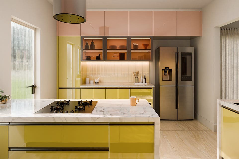 Kitchen storage with corner cabinets and in-built refrigerator, oven and microwave.