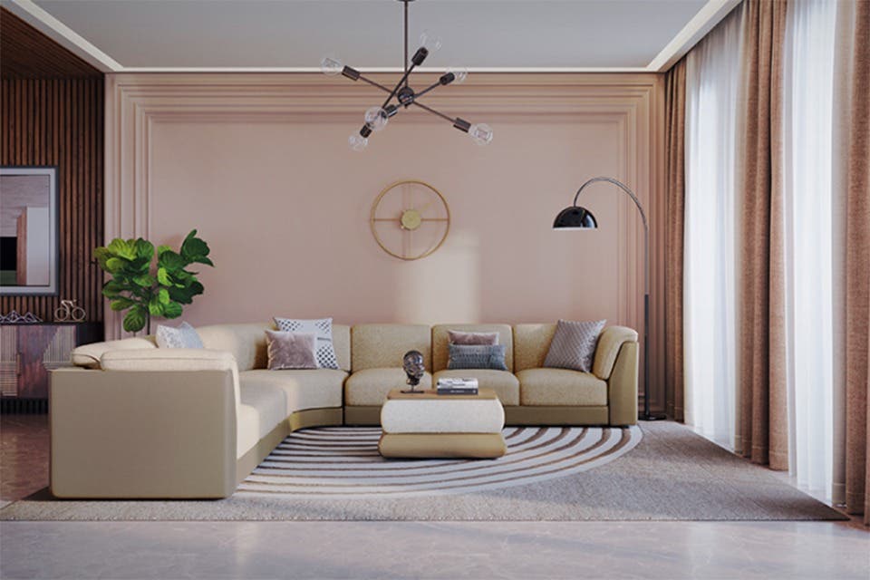 Cream and beige sofa in a serene contemporary living room.