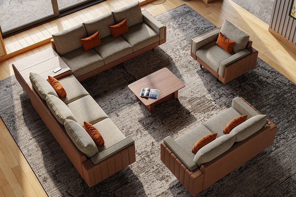 Grey and brown sofa set with natural textures in a contemporary living room.