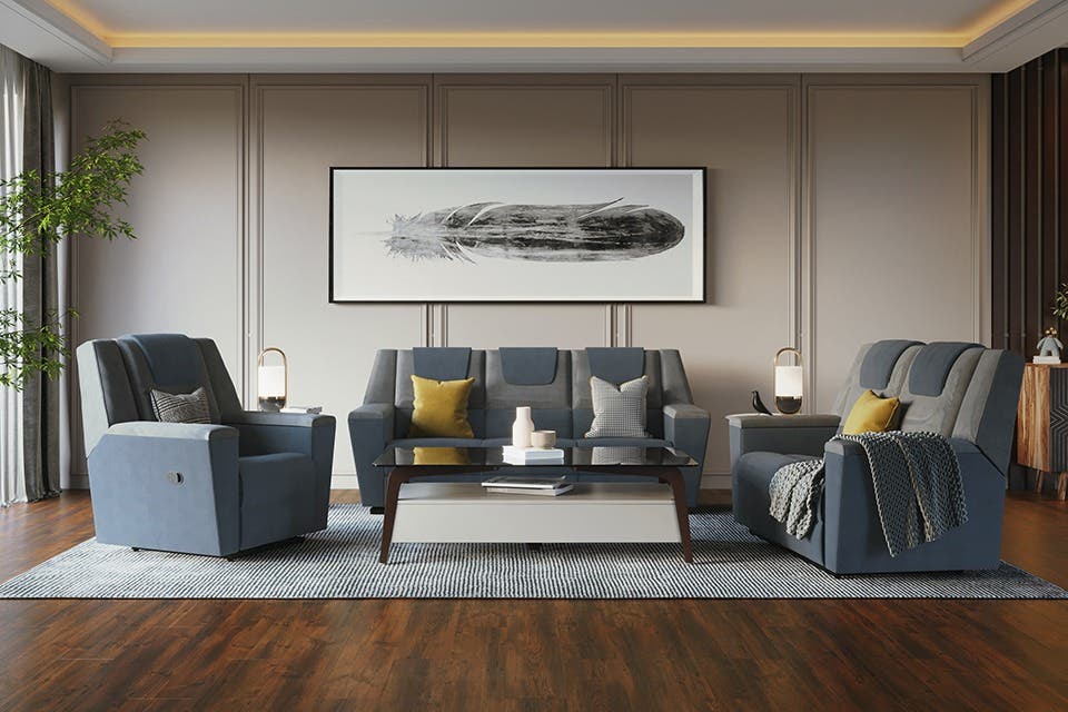 Steel-blue and light grey Sumo sofa set in a contemporary living room
