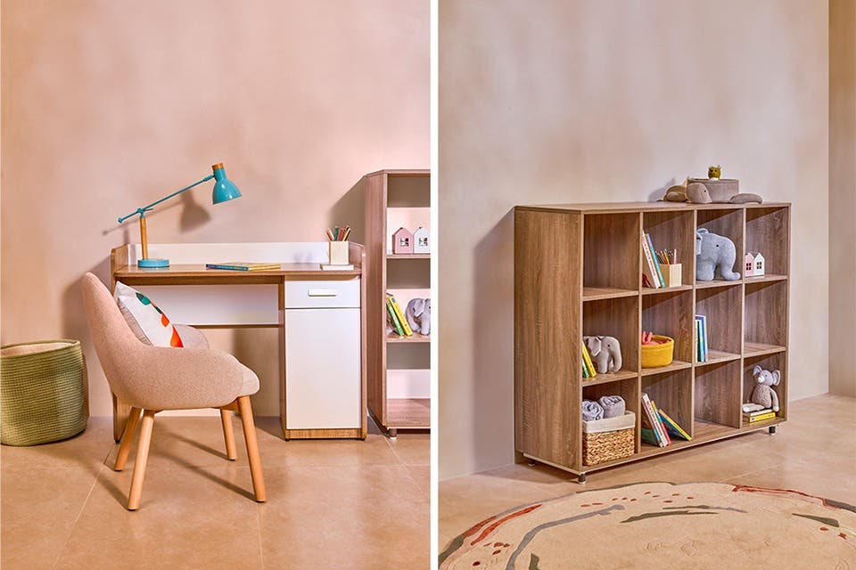 Contemporary children’s study table and storage cubby in a children’s bedroom.