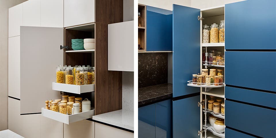 Modular kitchen with pull-out drawers, organised storage and lower shelves designed for ageing adults.