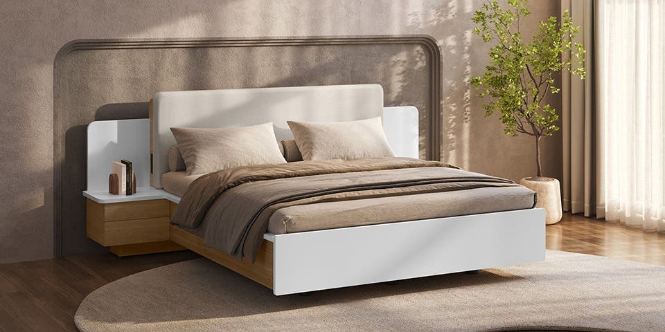 Ergonest bed from Interio by Godrej, set in a contemporary bedroom.