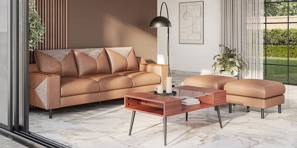 A dual-tone sofa and sectionals with subtle contrasts paired with a coffee table and house plants in an airy living room.