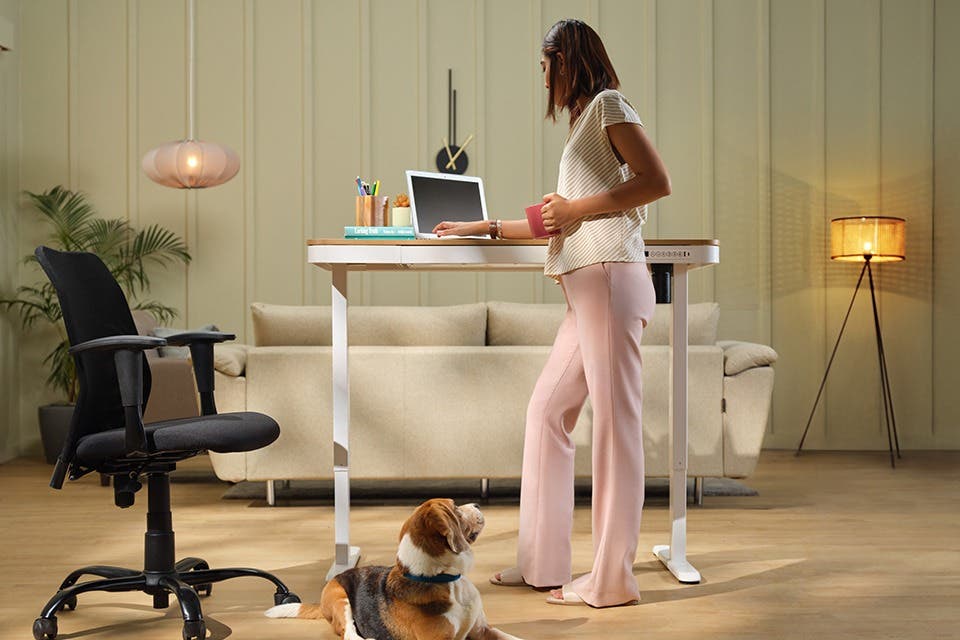 A person working at a standing study table with a laptop.