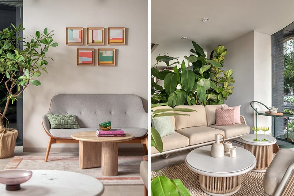 Contemporary home entrance and living room styled with indoor plants, decorative planters, and natural textures.